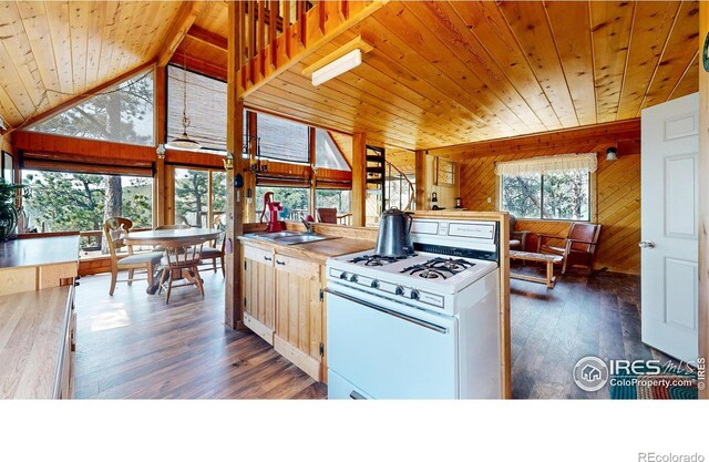 kitchen featuring wood walls, dark hardwood / wood-style flooring, gas range gas stove, and plenty of natural light