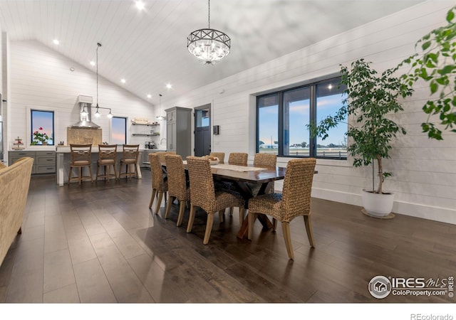 dining room featuring high vaulted ceiling, wooden ceiling, dark hardwood / wood-style floors, and a notable chandelier