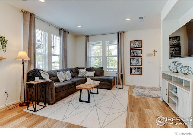 living room with plenty of natural light and light hardwood / wood-style floors