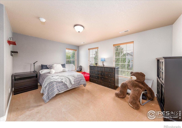 bedroom featuring multiple windows, a textured ceiling, and light colored carpet