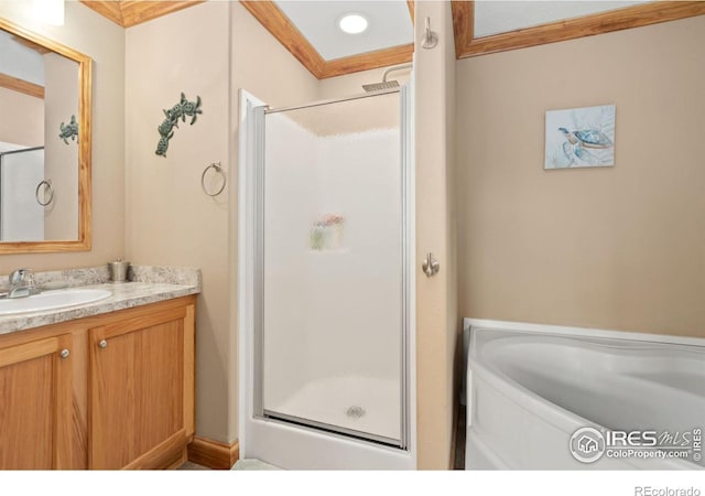 bathroom with vanity, a shower with door, and crown molding