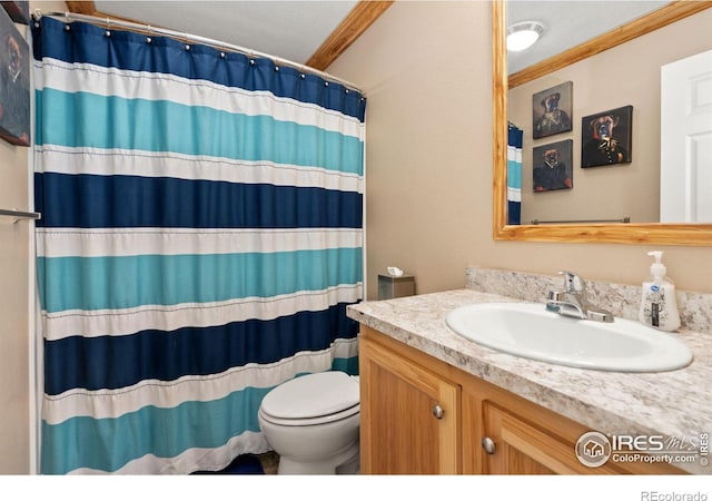 bathroom featuring vanity, ornamental molding, and toilet