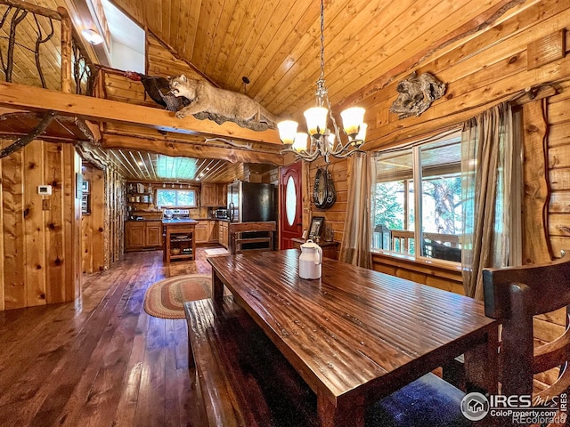 dining area with wood-type flooring, a chandelier, wooden ceiling, high vaulted ceiling, and wooden walls