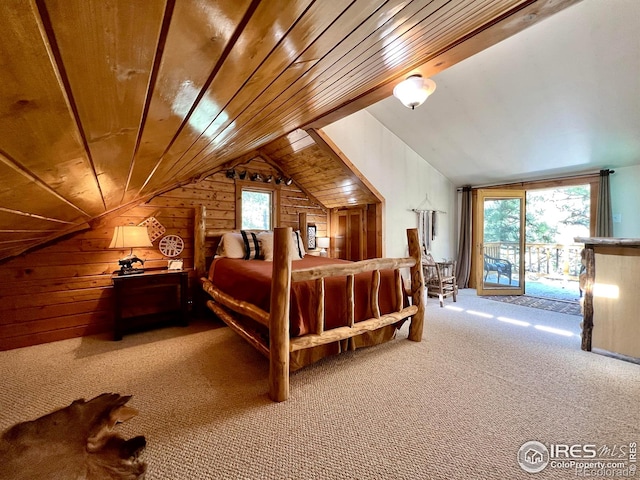 carpeted bedroom featuring wood walls, access to exterior, vaulted ceiling, and wood ceiling