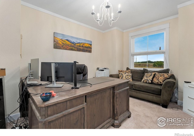 home office with light carpet, a chandelier, and ornamental molding