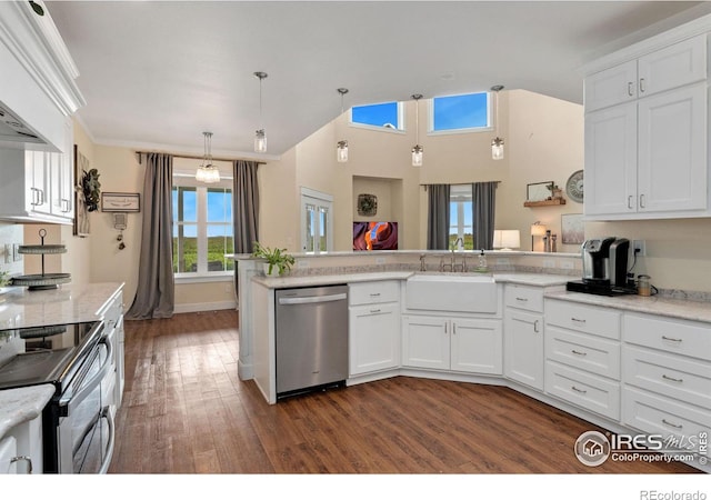 kitchen featuring sink, kitchen peninsula, dishwashing machine, decorative light fixtures, and dark hardwood / wood-style flooring