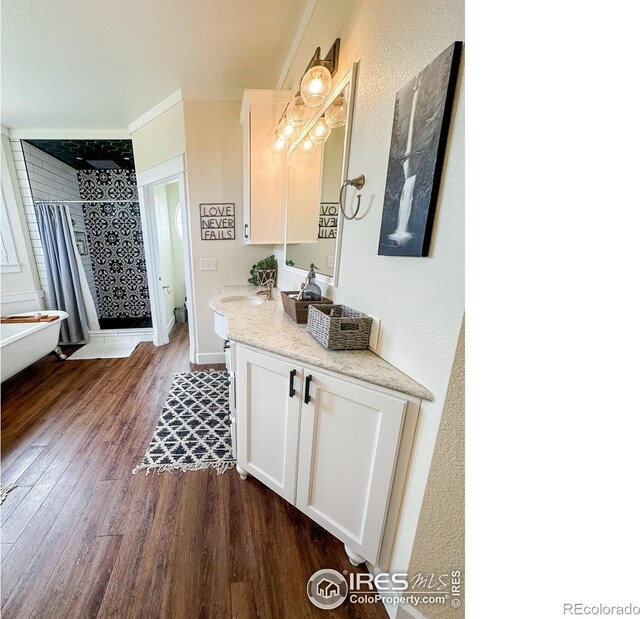 bathroom featuring vanity, wood-type flooring, and crown molding