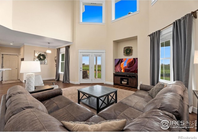 living room featuring french doors, hardwood / wood-style floors, and a high ceiling