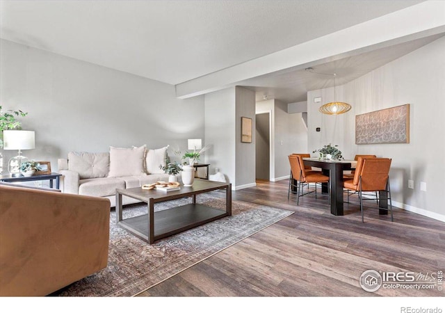 living room with dark hardwood / wood-style flooring