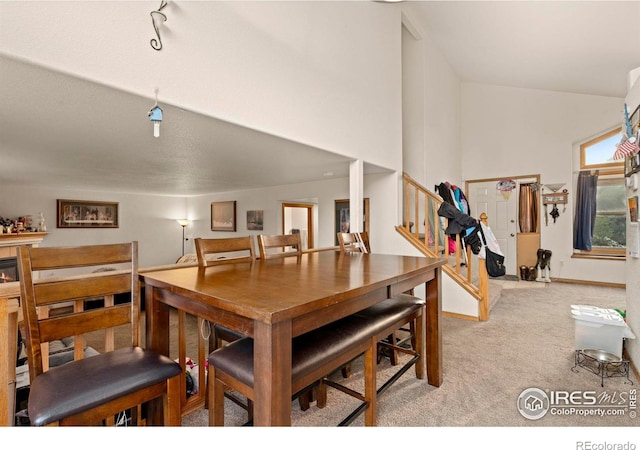 carpeted dining room with track lighting