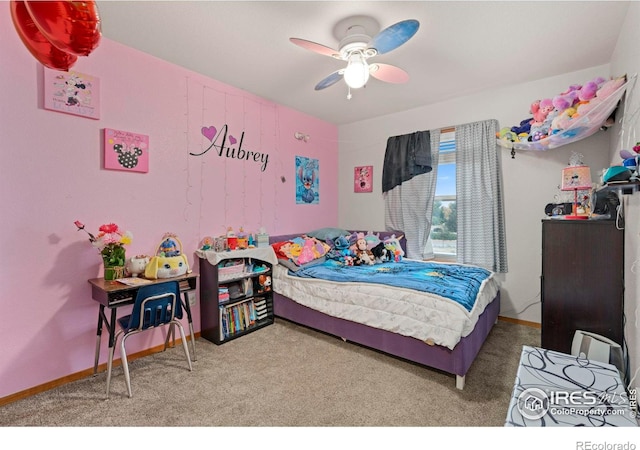 bedroom featuring carpet flooring and ceiling fan