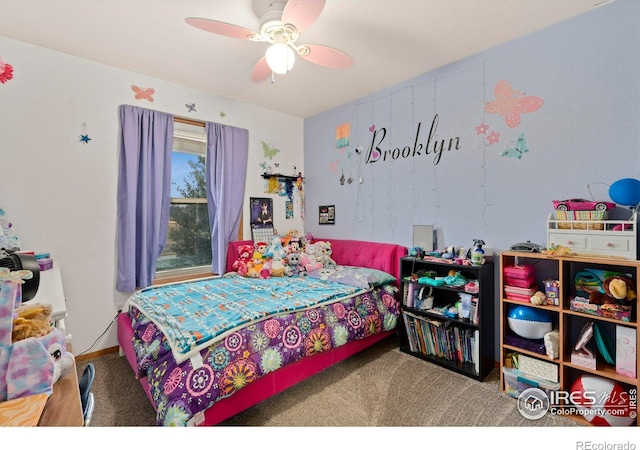 bedroom featuring carpet and ceiling fan