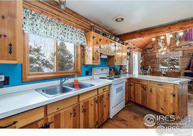 kitchen featuring dark hardwood / wood-style flooring, sink, electric range, and beam ceiling