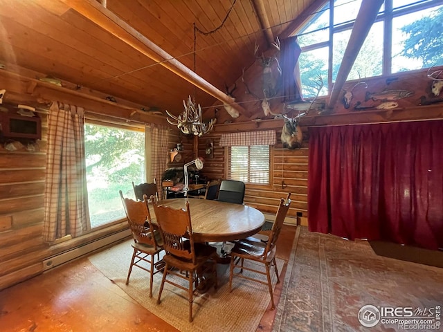 dining area featuring plenty of natural light, a baseboard heating unit, wood ceiling, and rustic walls