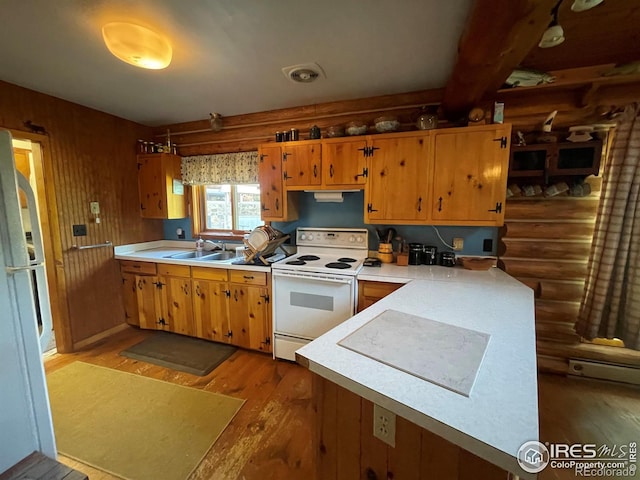 kitchen with sink, kitchen peninsula, dark hardwood / wood-style floors, and white appliances