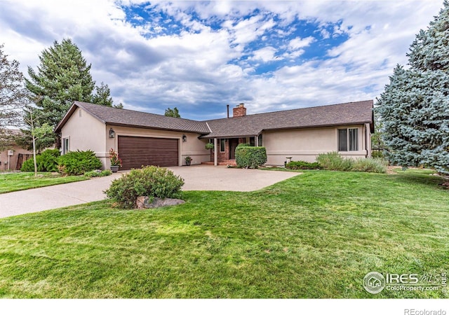 ranch-style home with a garage and a front yard