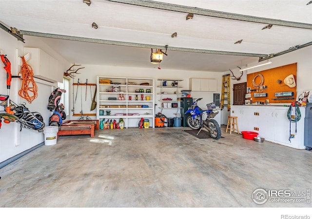 garage featuring a workshop area and a garage door opener