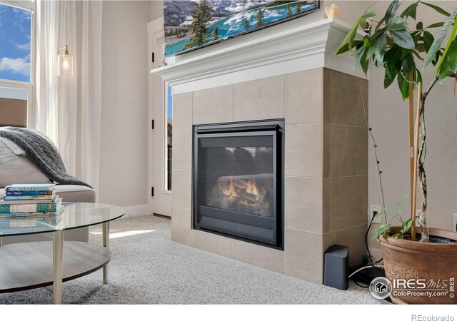 room details featuring carpet floors and a tiled fireplace