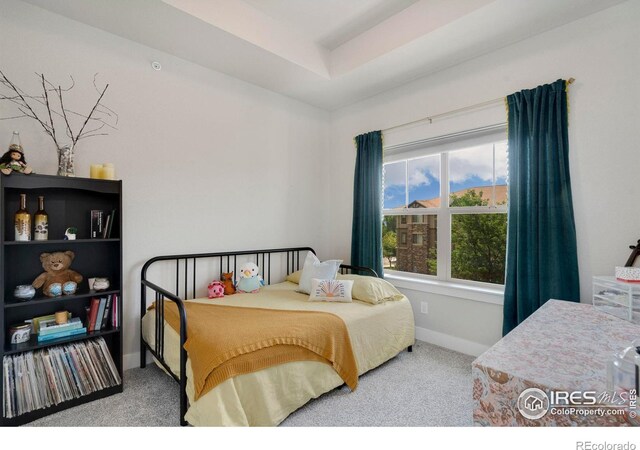 carpeted bedroom featuring baseboards and a raised ceiling