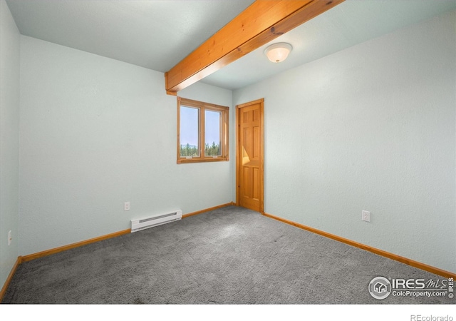 spare room featuring a baseboard radiator, beamed ceiling, and carpet flooring