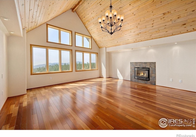 unfurnished living room with beamed ceiling, light wood-type flooring, high vaulted ceiling, and wood ceiling