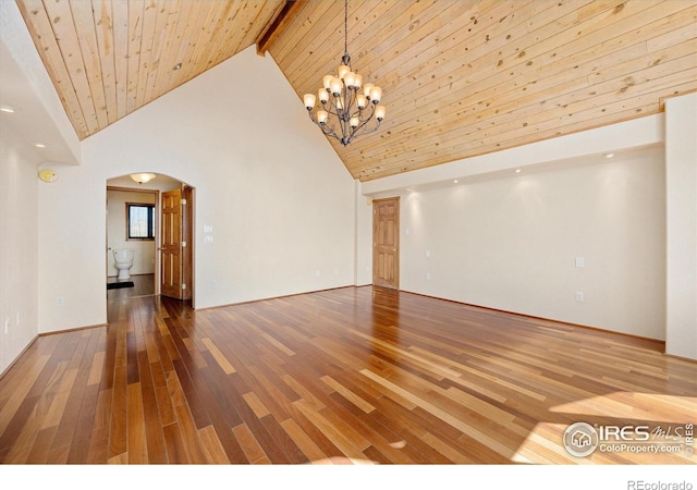 spare room featuring wooden ceiling, beamed ceiling, hardwood / wood-style floors, and high vaulted ceiling