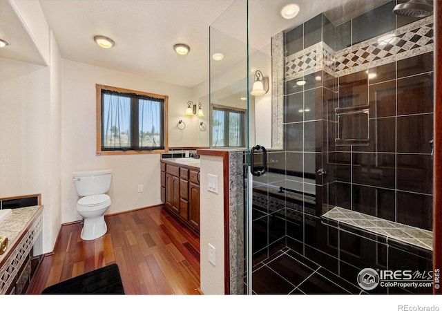 bathroom featuring wood-type flooring, toilet, vanity, and an enclosed shower