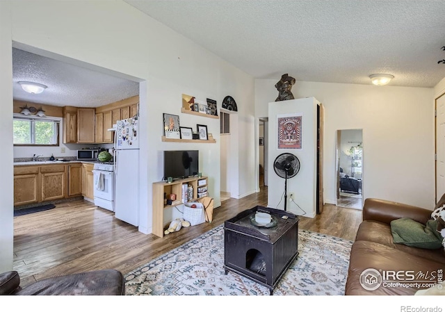 living room featuring sink, wood-type flooring, and a textured ceiling