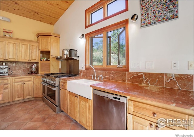 kitchen with light brown cabinetry, tasteful backsplash, stainless steel appliances, wooden ceiling, and light tile patterned floors