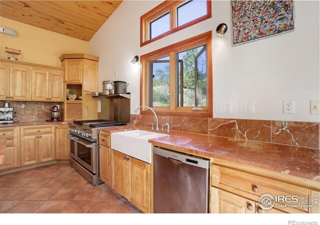 kitchen with light brown cabinetry, tasteful backsplash, stainless steel appliances, wooden ceiling, and light tile patterned floors