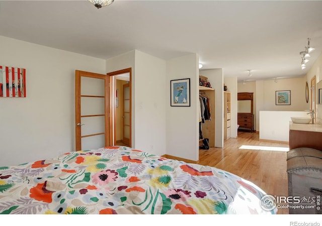 bedroom featuring light hardwood / wood-style floors, sink, a closet, and a walk in closet