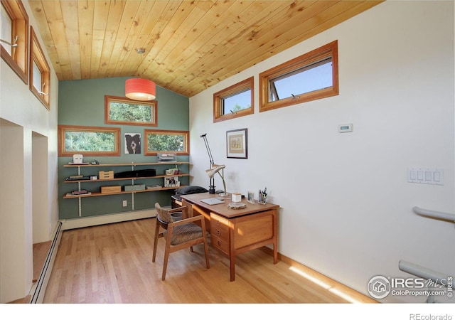 office space with light hardwood / wood-style flooring, baseboard heating, lofted ceiling, and wood ceiling