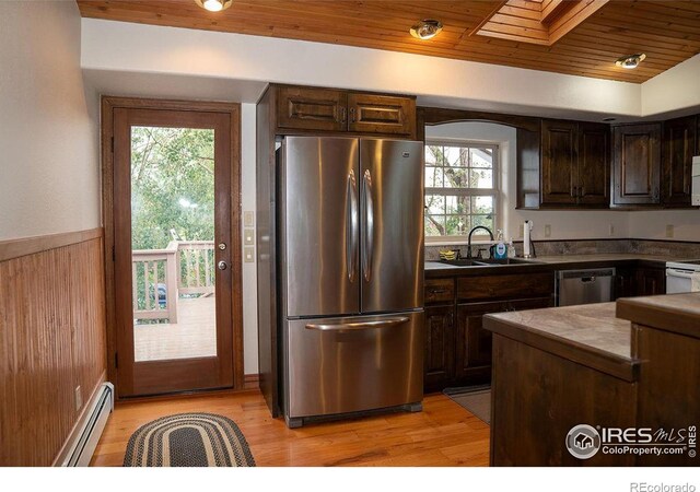 kitchen featuring dark brown cabinetry, wood ceiling, appliances with stainless steel finishes, sink, and a baseboard heating unit