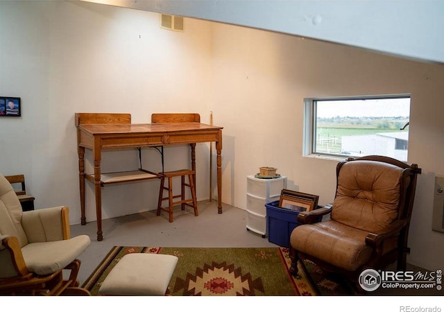 sitting room featuring vaulted ceiling