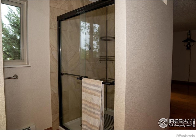 bathroom with a shower with shower door and a healthy amount of sunlight