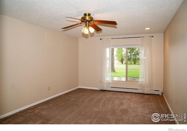 carpeted empty room with ceiling fan, a baseboard radiator, and a textured ceiling