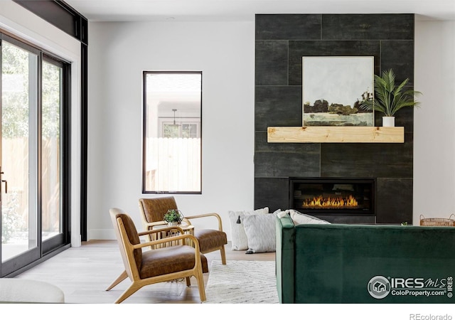 living room with a large fireplace and hardwood / wood-style floors