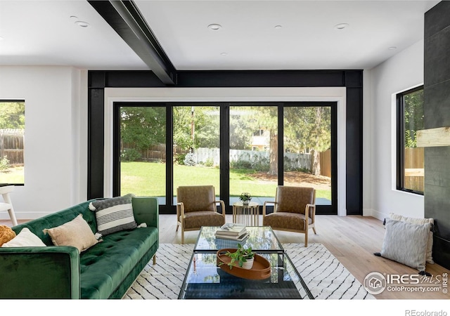 living room with light hardwood / wood-style flooring, beamed ceiling, and a healthy amount of sunlight