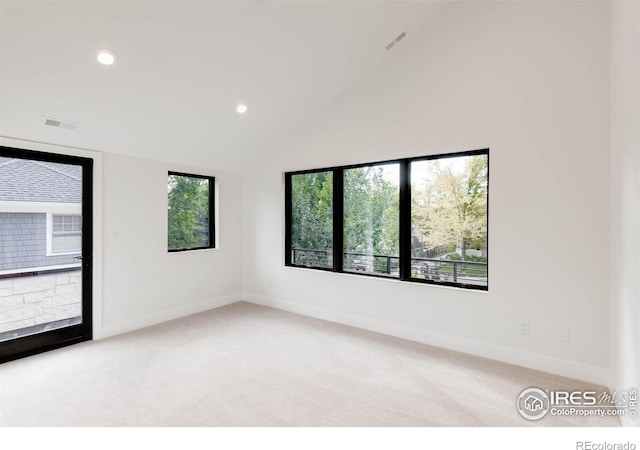 carpeted empty room featuring a wealth of natural light and high vaulted ceiling