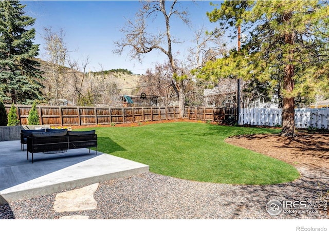 view of yard with outdoor lounge area, a playground, and a patio