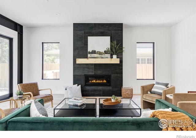 living room with a fireplace, a wealth of natural light, and wood-type flooring