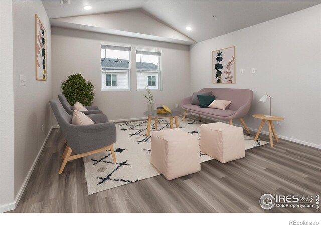 living room with hardwood / wood-style flooring and lofted ceiling