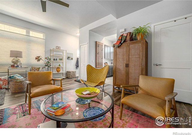 living area featuring wood finished floors and a ceiling fan