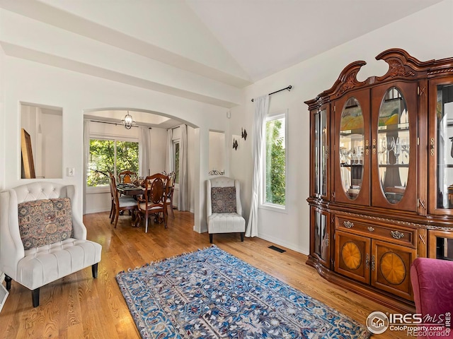 sitting room with hardwood / wood-style flooring, lofted ceiling, and a healthy amount of sunlight