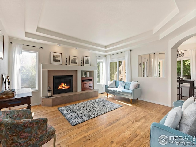 living room with a raised ceiling, a healthy amount of sunlight, and light wood-type flooring