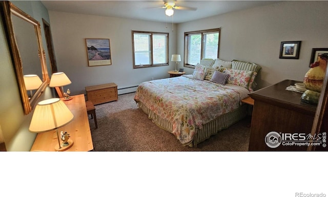 bedroom featuring ceiling fan, a baseboard radiator, and carpet