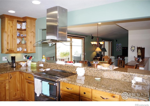 kitchen with wall chimney exhaust hood, kitchen peninsula, electric range, and light stone counters