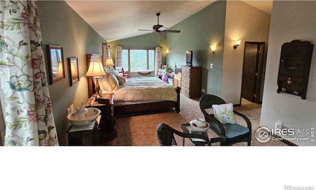 bedroom with ceiling fan, carpet flooring, and lofted ceiling