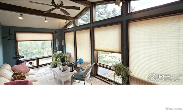 sunroom featuring ceiling fan, lofted ceiling with beams, and rail lighting