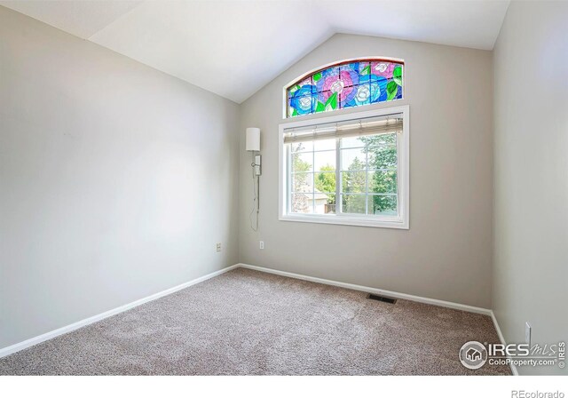 unfurnished room with lofted ceiling and carpet floors